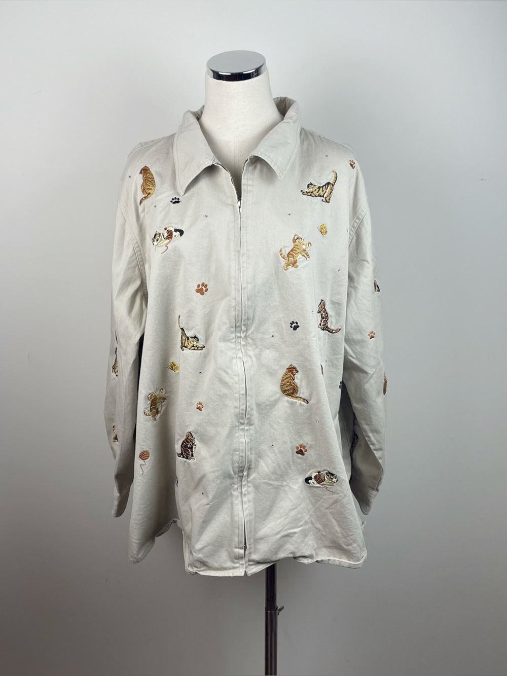 The Quacker Factory Tan Brown Full Zip Kitty Cats Embroidered Jacket Women 3X